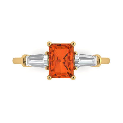 1.5 cttw Zirconia Simulated Red Diamond Three-Stone Engagement Ring - Solid Gold (VVS1, Emerald Cut,7.0x5.0mm)