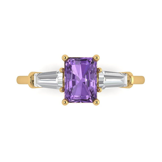1.5 cttw Simulated Alexandrite Three-Stone Engagement Ring - Solid Yellow Gold (VVS1, Emerald Cut,7.0x5.0mm)