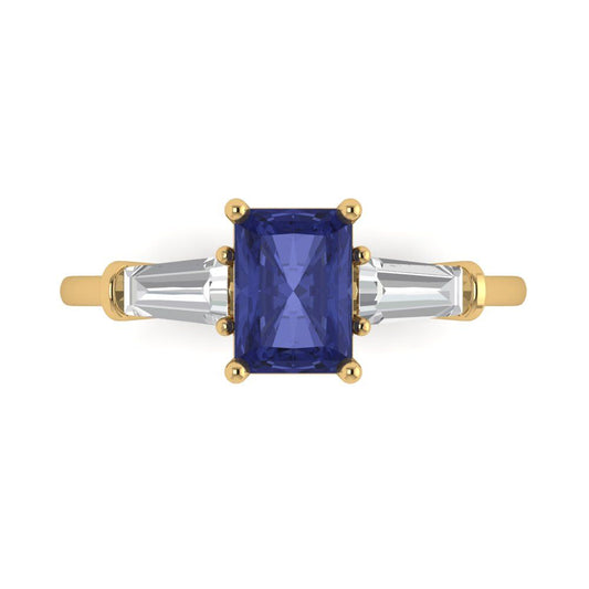 1.5 cttw Simulated Tanzanite Three-Stone Engagement Ring - Solid Yellow Gold (VVS1, Emerald Cut,7.0x5.0mm)