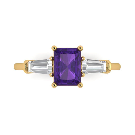 1.5 cttw Natural Amethyst Three-Stone Engagement Ring - Solid Yellow Gold (VVS1, Emerald Cut,7.0x5.0mm)