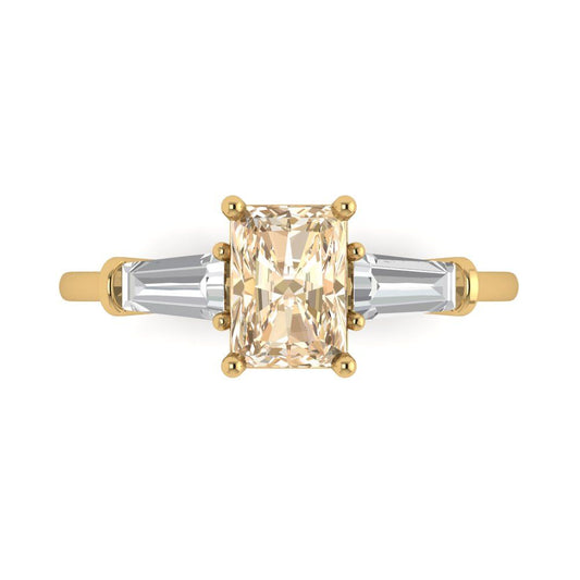 1.5 cttw Natural Morganite Three-Stone Engagement Ring - Solid Yellow Gold (VVS1, Emerald Cut,7.0x5.0mm)