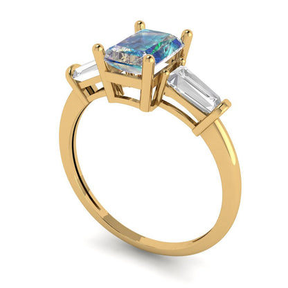 1.5 cttw Blue Moissanite Three-Stone Engagement Ring - Solid Gold (Emerald Cut,7.0x5.0mm)