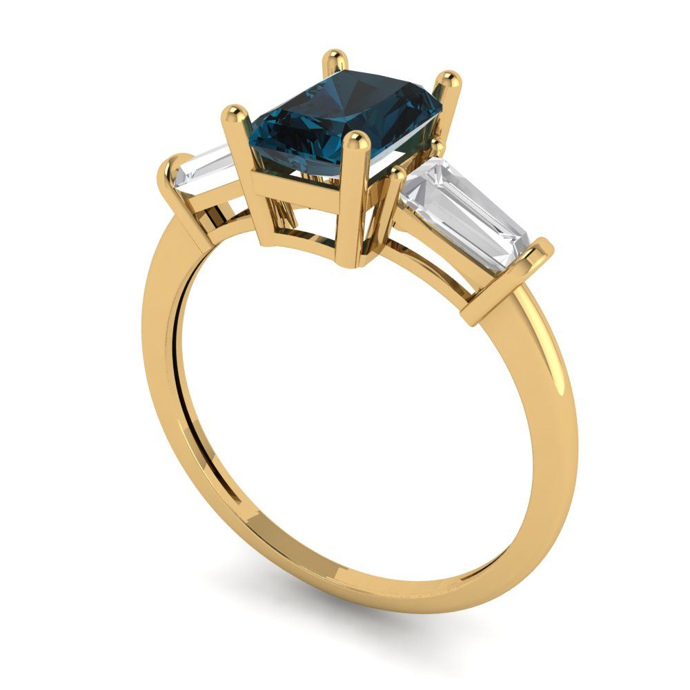 1.5 cttw Natural London Blue Topaz Three-Stone Engagement Ring - Solid Gold (Emerald Cut,7.0x5.0mm)