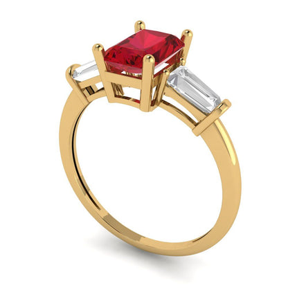 1.5 cttw Simulated Ruby Three-Stone Engagement Ring - Solid Yellow Gold (VVS1, Emerald Cut,7.0x5.0mm)