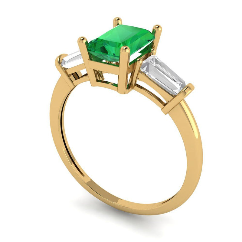 2.0 ct Brilliant Emerald Cut Simulated Emerald Stone Yellow Gold Three-Stone Ring