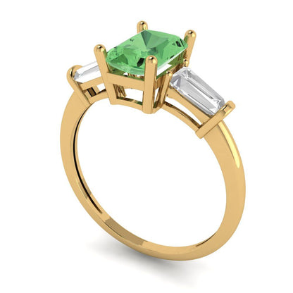 1.5 cttw Zirconia Simulated Green Diamond Three-Stone Engagement Ring - Solid Gold (VVS1, Emerald Cut,7.0x5.0mm)