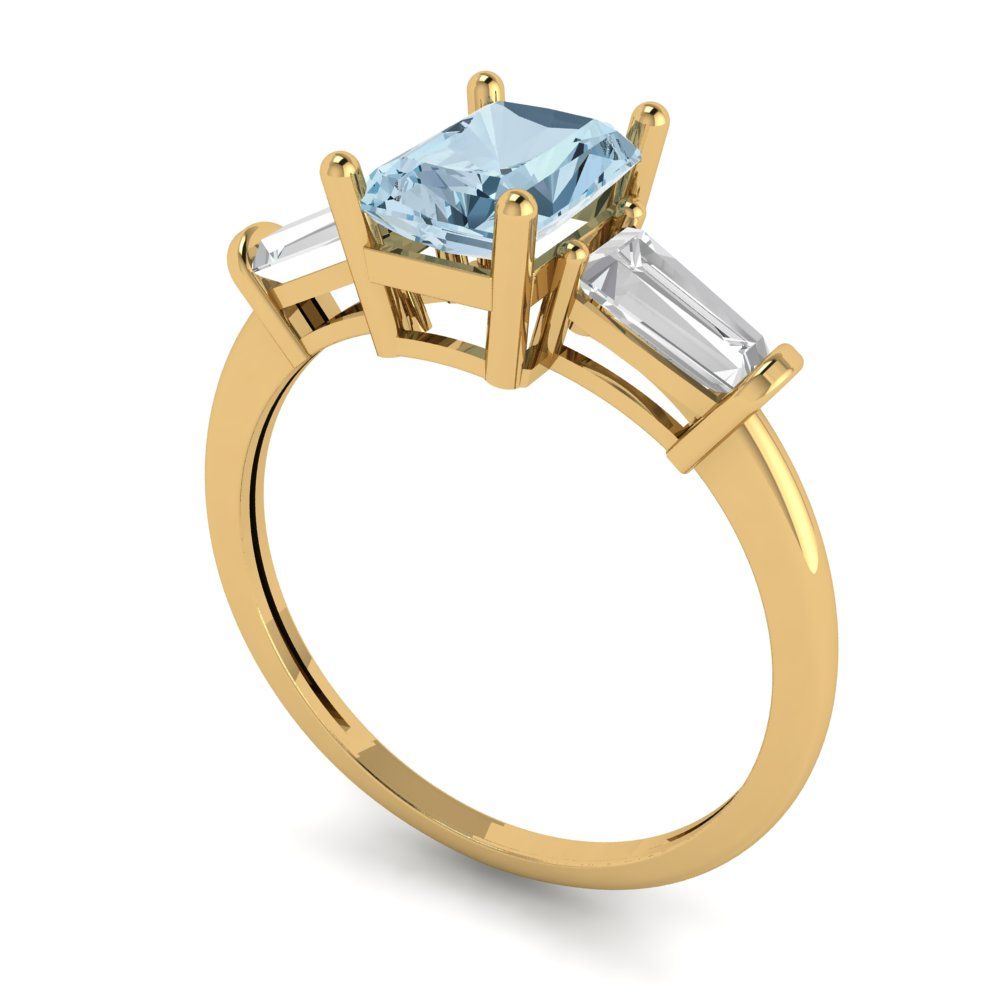 1.5 cttw Natural Swiss Blue Topaz Three-Stone Engagement Ring - Solid Gold (Emerald Cut,7.0x5.0mm)