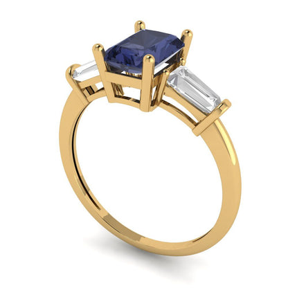 1.5 cttw Simulated Blue Sapphire Three-Stone Engagement Ring - Solid Gold (Emerald Cut,7.0x5.0mm)