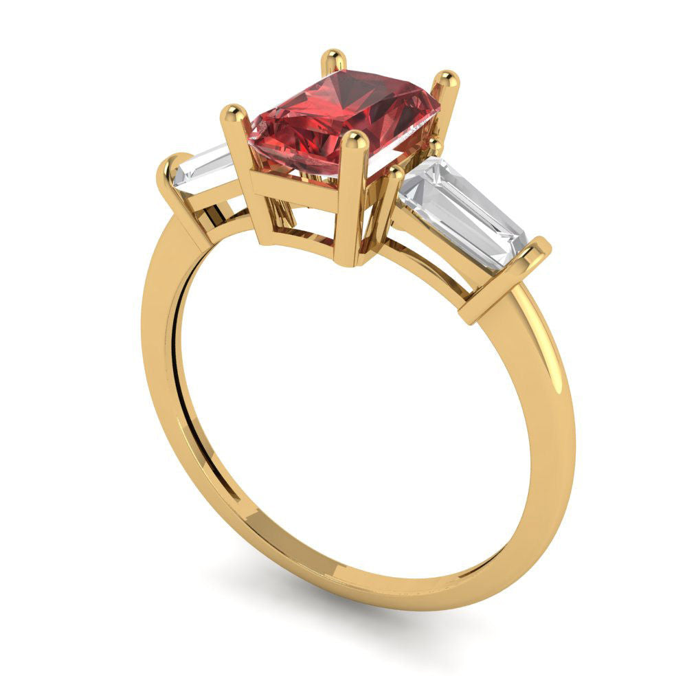 1.5 cttw Natural Garnet Three-Stone Engagement Ring - Solid Gold (Emerald Cut,7.0x5.0mm)