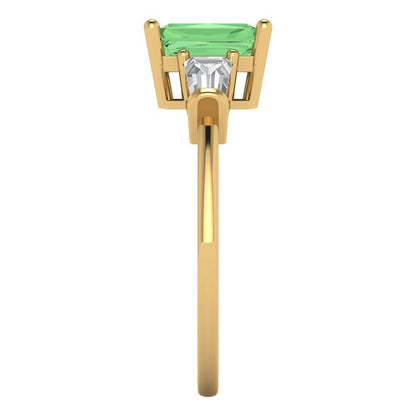 1.5 cttw Zirconia Simulated Green Diamond Three-Stone Engagement Ring - Solid Gold (VVS1, Emerald Cut,7.0x5.0mm)