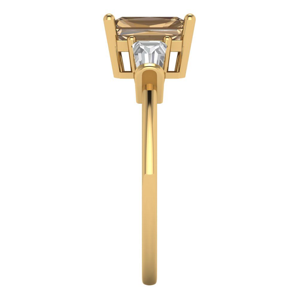 1.5 cttw Zirconia Simulated Champagne Diamond Three-Stone Engagement Ring - Solid Gold (VVS1, Emerald Cut,7.0x5.0mm)