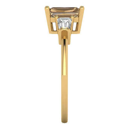 1.5 cttw Zirconia Simulated Champagne Diamond Three-Stone Engagement Ring - Solid Gold (VVS1, Emerald Cut,7.0x5.0mm)