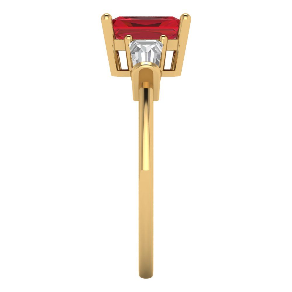 1.5 cttw Simulated Ruby Three-Stone Engagement Ring - Solid Yellow Gold (VVS1, Emerald Cut,7.0x5.0mm)