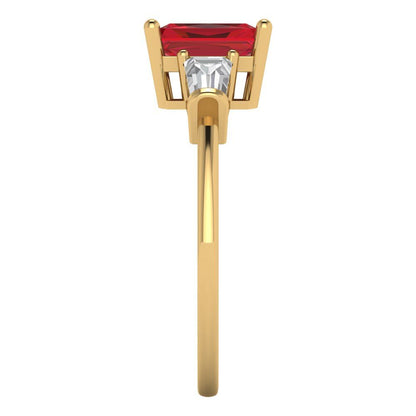1.5 cttw Simulated Ruby Three-Stone Engagement Ring - Solid Yellow Gold (VVS1, Emerald Cut,7.0x5.0mm)