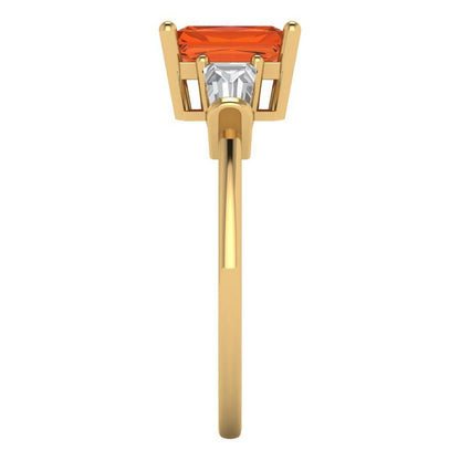 1.5 cttw Zirconia Simulated Red Diamond Three-Stone Engagement Ring - Solid Gold (VVS1, Emerald Cut,7.0x5.0mm)