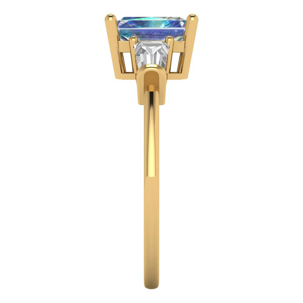 1.5 cttw Blue Moissanite Three-Stone Engagement Ring - Solid Gold (Emerald Cut,7.0x5.0mm)