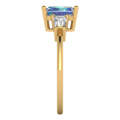 1.5 cttw Blue Moissanite Three-Stone Engagement Ring - Solid Gold (Emerald Cut,7.0x5.0mm)