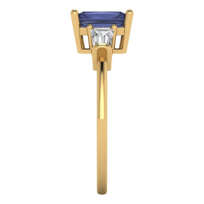 1.5 cttw Simulated Blue Sapphire Three-Stone Engagement Ring - Solid Gold (Emerald Cut,7.0x5.0mm)
