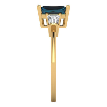 1.5 cttw Natural London Blue Topaz Three-Stone Engagement Ring - Solid Gold (Emerald Cut,7.0x5.0mm)