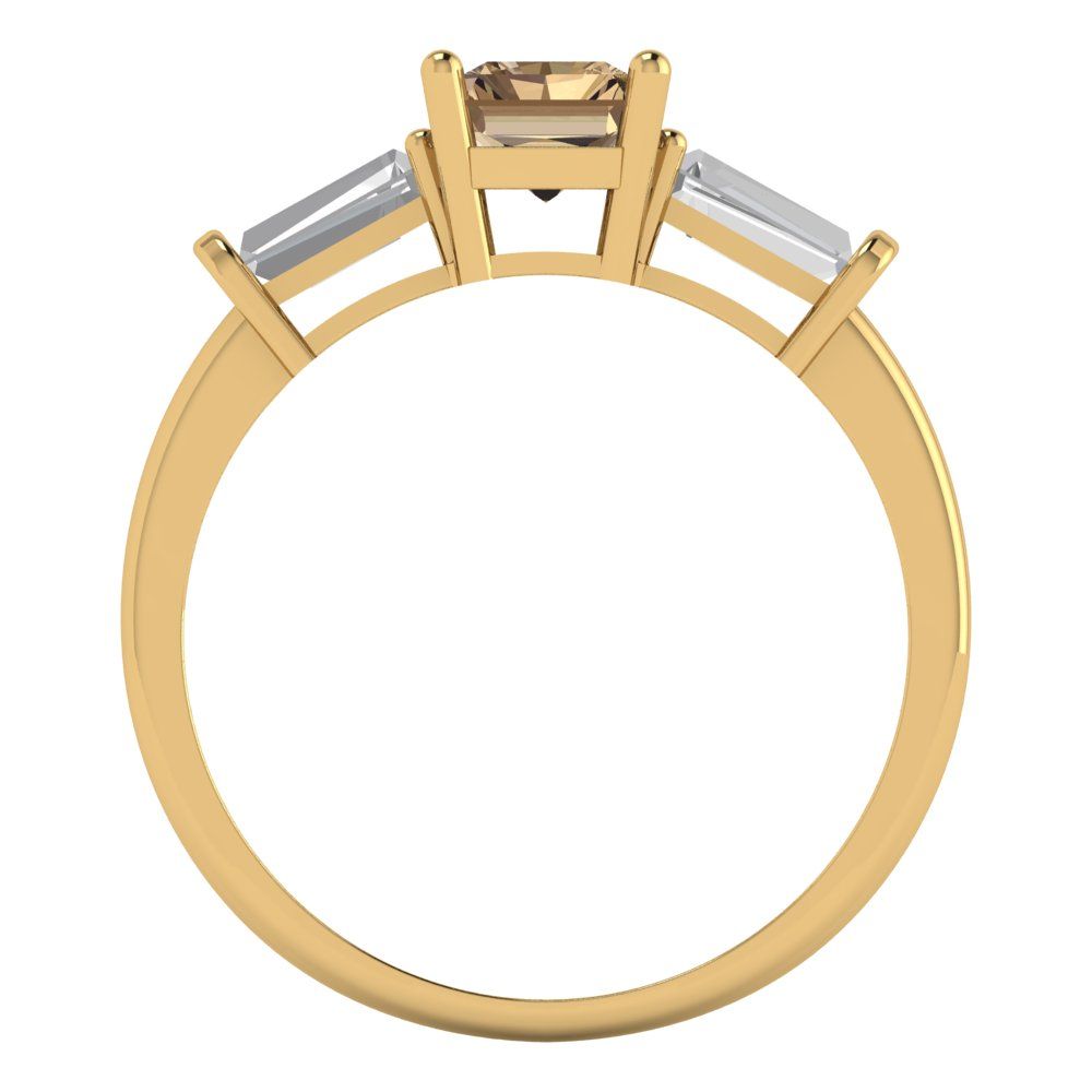 1.5 cttw Zirconia Simulated Champagne Diamond Three-Stone Engagement Ring - Solid Gold (VVS1, Emerald Cut,7.0x5.0mm)