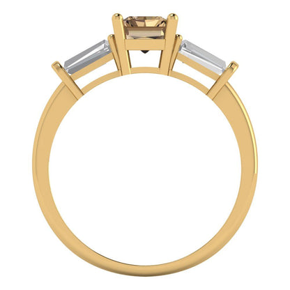1.5 cttw Zirconia Simulated Champagne Diamond Three-Stone Engagement Ring - Solid Gold (VVS1, Emerald Cut,7.0x5.0mm)