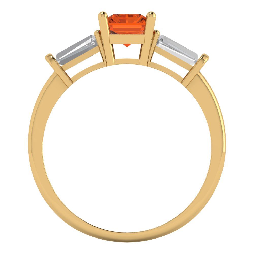 1.5 cttw Simulated Ruby Three-Stone Engagement Ring - Solid Yellow Gold (VVS1, Emerald Cut,7.0x5.0mm)