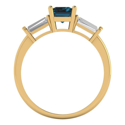 1.5 cttw Natural London Blue Topaz Three-Stone Engagement Ring - Solid Gold (Emerald Cut,7.0x5.0mm)