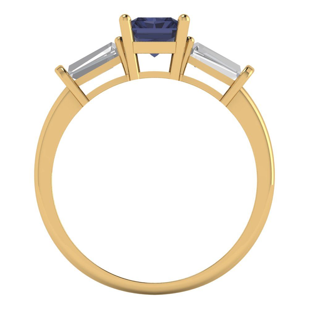 1.5 cttw Simulated Blue Sapphire Three-Stone Engagement Ring - Solid Gold (Emerald Cut,7.0x5.0mm)