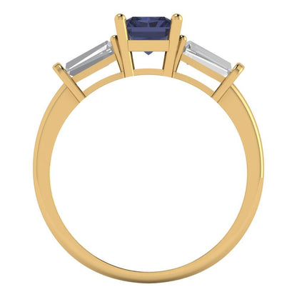 1.5 cttw Simulated Blue Sapphire Three-Stone Engagement Ring - Solid Gold (Emerald Cut,7.0x5.0mm)