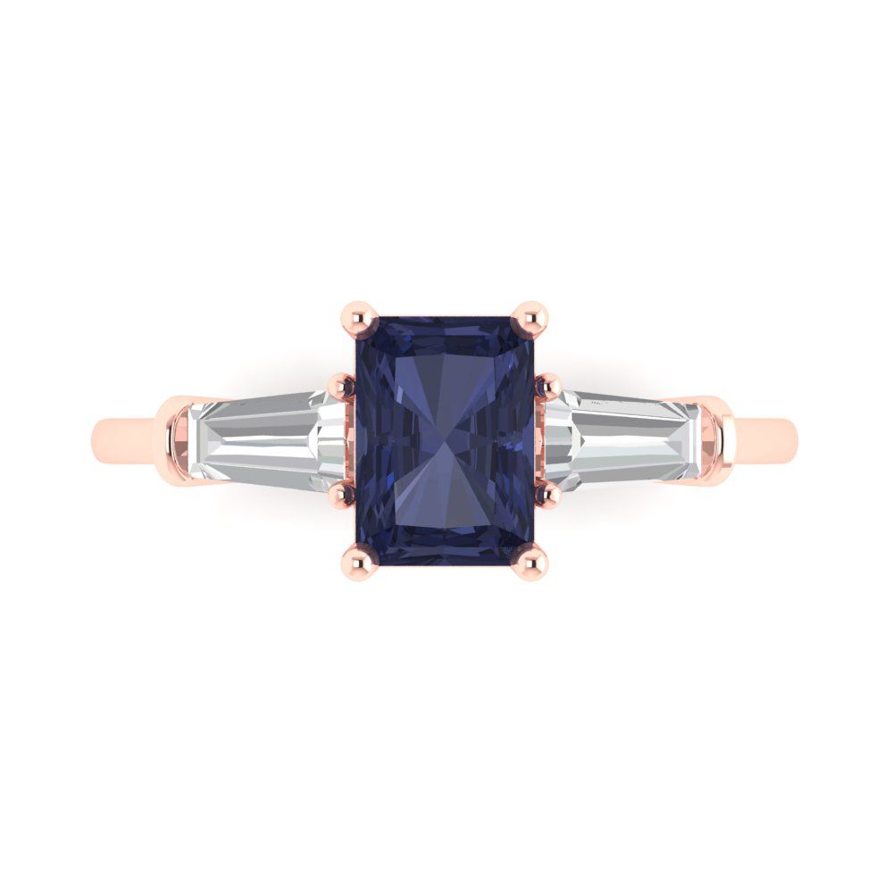 1.5 cttw Simulated Blue Sapphire Three-Stone Engagement Ring - Solid Gold (Emerald Cut,7.0x5.0mm)