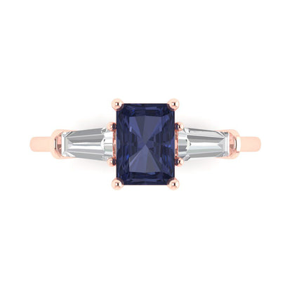 1.5 cttw Simulated Blue Sapphire Three-Stone Engagement Ring - Solid Gold (Emerald Cut,7.0x5.0mm)
