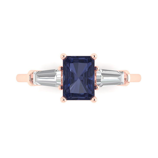 1.5 cttw Simulated Blue Sapphire Three-Stone Engagement Ring - Solid Rose Gold (VVS1, Emerald Cut,7.0x5.0mm)