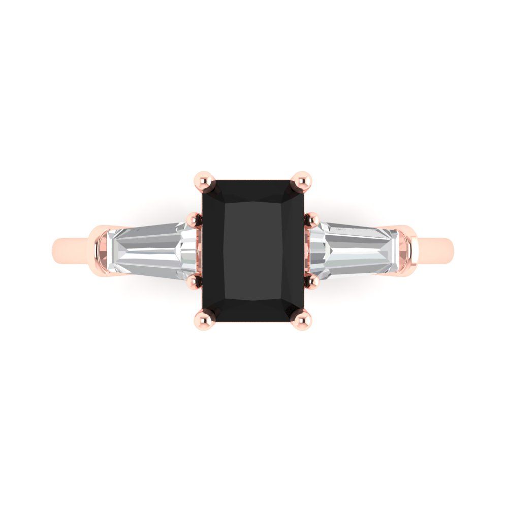 1.5 cttw Natural Onyx Three-Stone Engagement Ring - Solid Rose Gold (VVS1, Emerald Cut,7.0x5.0mm)