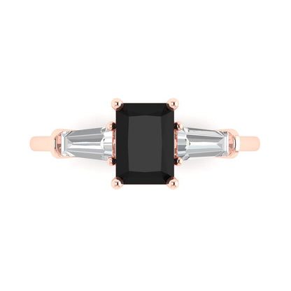 1.5 cttw Natural Onyx Three-Stone Engagement Ring - Solid Rose Gold (VVS1, Emerald Cut,7.0x5.0mm)
