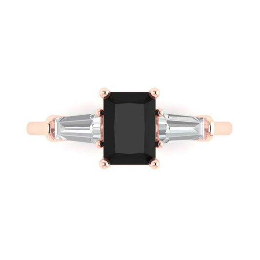 1.5 cttw Natural Onyx Three-Stone Engagement Ring - Solid Rose Gold (VVS1, Emerald Cut,7.0x5.0mm)