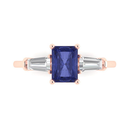1.5 cttw Simulated Tanzanite Three-Stone Engagement Ring - Solid Gold (Emerald Cut,7.0x5.0mm)