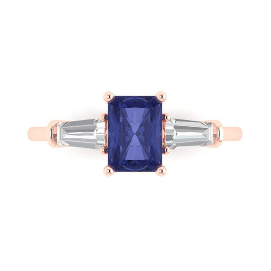 1.5 cttw Simulated Tanzanite Three-Stone Engagement Ring - Solid Rose Gold (VVS1, Emerald Cut,7.0x5.0mm)