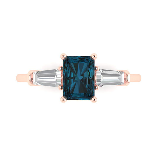 1.5 cttw Natural London Blue Topaz Three-Stone Engagement Ring - Solid Rose Gold (VVS1, Emerald Cut,7.0x5.0mm)