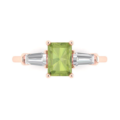 1.5 cttw Natural Peridot Three-Stone Engagement Ring - Solid Gold (Emerald Cut,7.0x5.0mm)