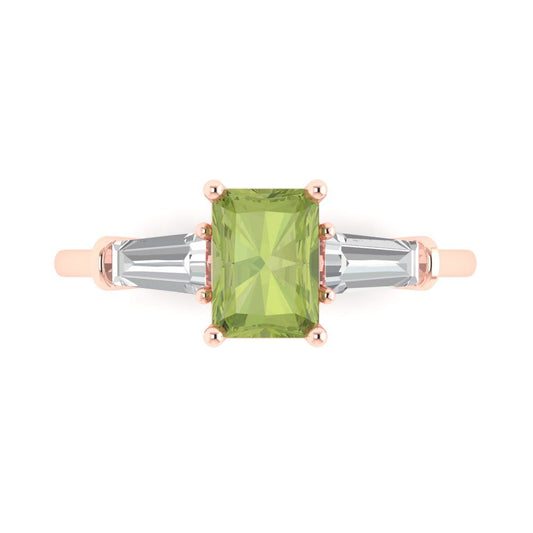 1.5 cttw Natural Peridot Three-Stone Engagement Ring - Solid Rose Gold (VVS1, Emerald Cut,7.0x5.0mm)