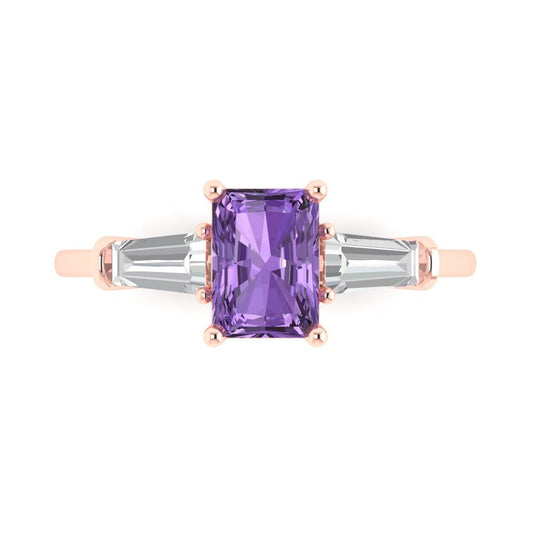1.5 cttw Simulated Alexandrite Three-Stone Engagement Ring - Solid Rose Gold (VVS1, Emerald Cut,7.0x5.0mm)