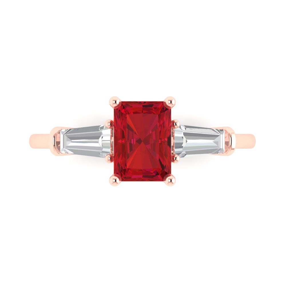 1.5 cttw Simulated Ruby Three-Stone Engagement Ring - Solid Rose Gold (VVS1, Emerald Cut,7.0x5.0mm)
