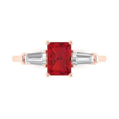1.5 cttw Simulated Ruby Three-Stone Engagement Ring - Solid Rose Gold (VVS1, Emerald Cut,7.0x5.0mm)