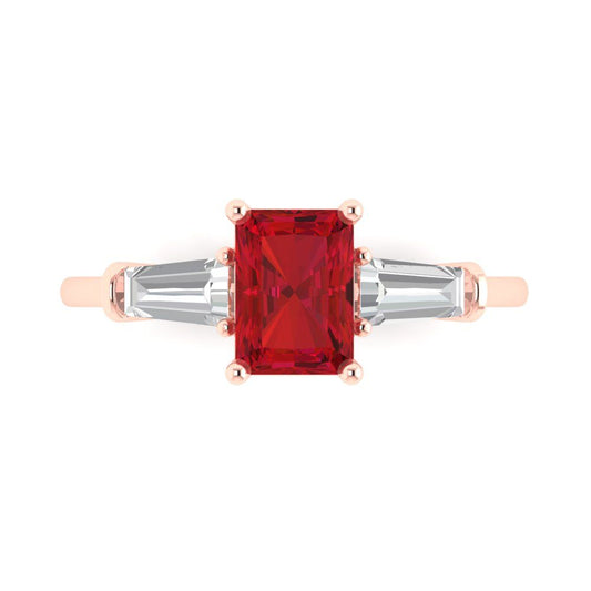 1.5 cttw Simulated Ruby Three-Stone Engagement Ring - Solid Rose Gold (VVS1, Emerald Cut,7.0x5.0mm)