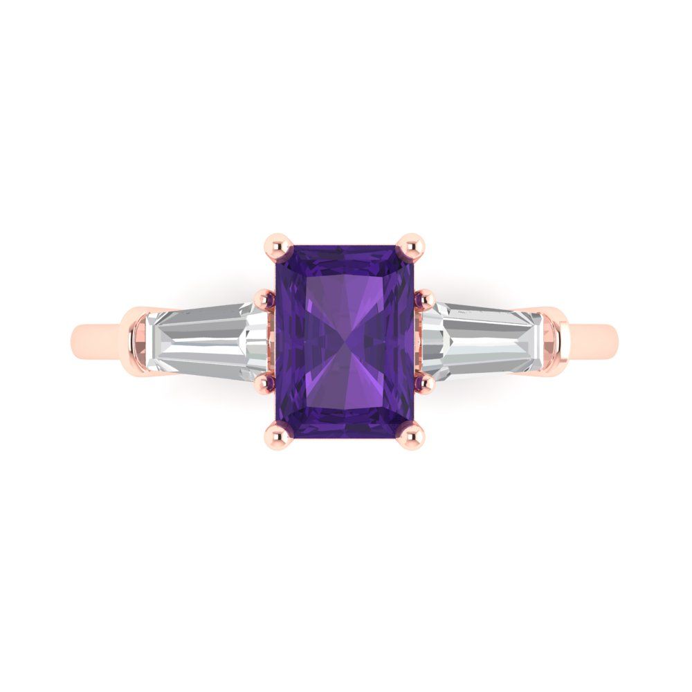 1.5 cttw Natural Amethyst Three-Stone Engagement Ring - Solid Gold (Emerald Cut,7.0x5.0mm)