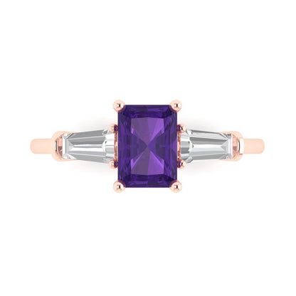 1.5 cttw Natural Amethyst Three-Stone Engagement Ring - Solid Gold (Emerald Cut,7.0x5.0mm)
