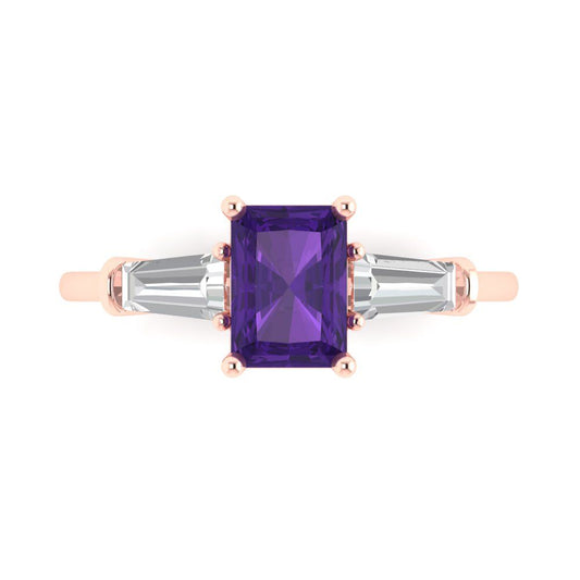1.5 cttw Natural Amethyst Three-Stone Engagement Ring - Solid Rose Gold (VVS1, Emerald Cut,7.0x5.0mm)
