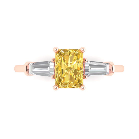 1.5 cttw Zirconia Simulated Yellow Diamond Three-Stone Engagement Ring - Solid Rose Gold (VVS1, Emerald Cut,7.0x5.0mm)