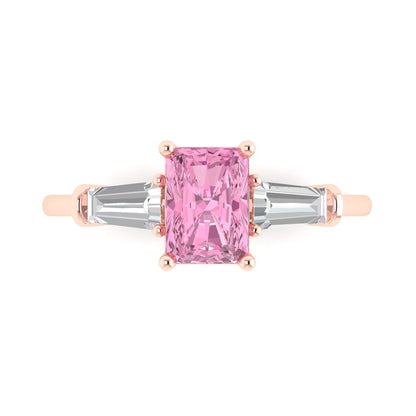1.5 cttw Zirconia Simulated Pink Diamond Three-Stone Engagement Ring - Solid Gold (VVS1, Emerald Cut,7.0x5.0mm)