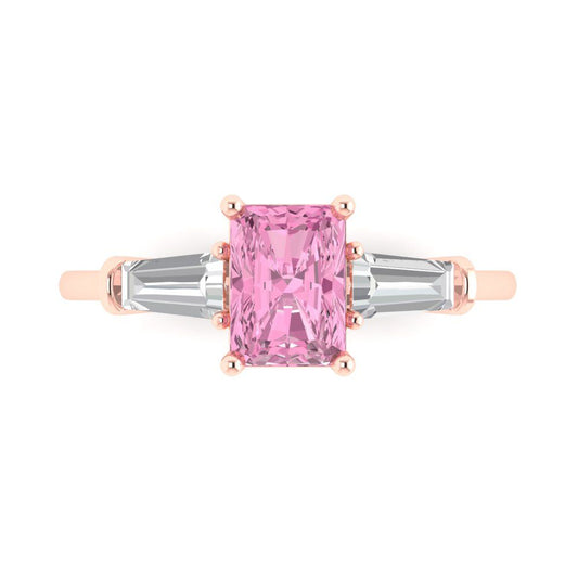 1.5 cttw Zirconia Simulated Pink Diamond Three-Stone Engagement Ring - Solid Rose Gold (VVS1, Emerald Cut,7.0x5.0mm)